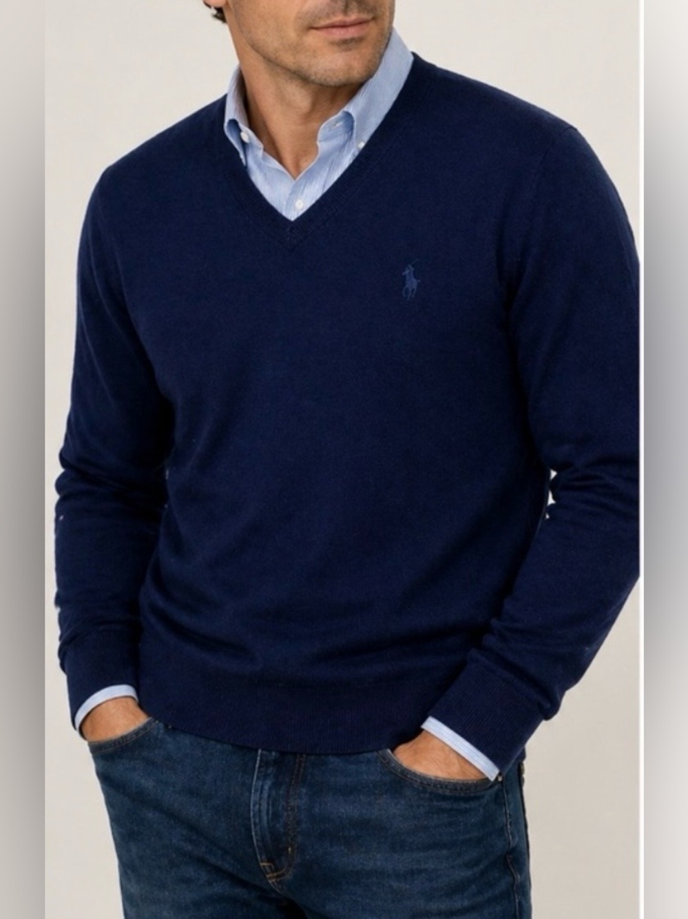 Polo Ralph Lauren Men’s Deep Navy Pima Cotton V-Neck Sweater. Size XL